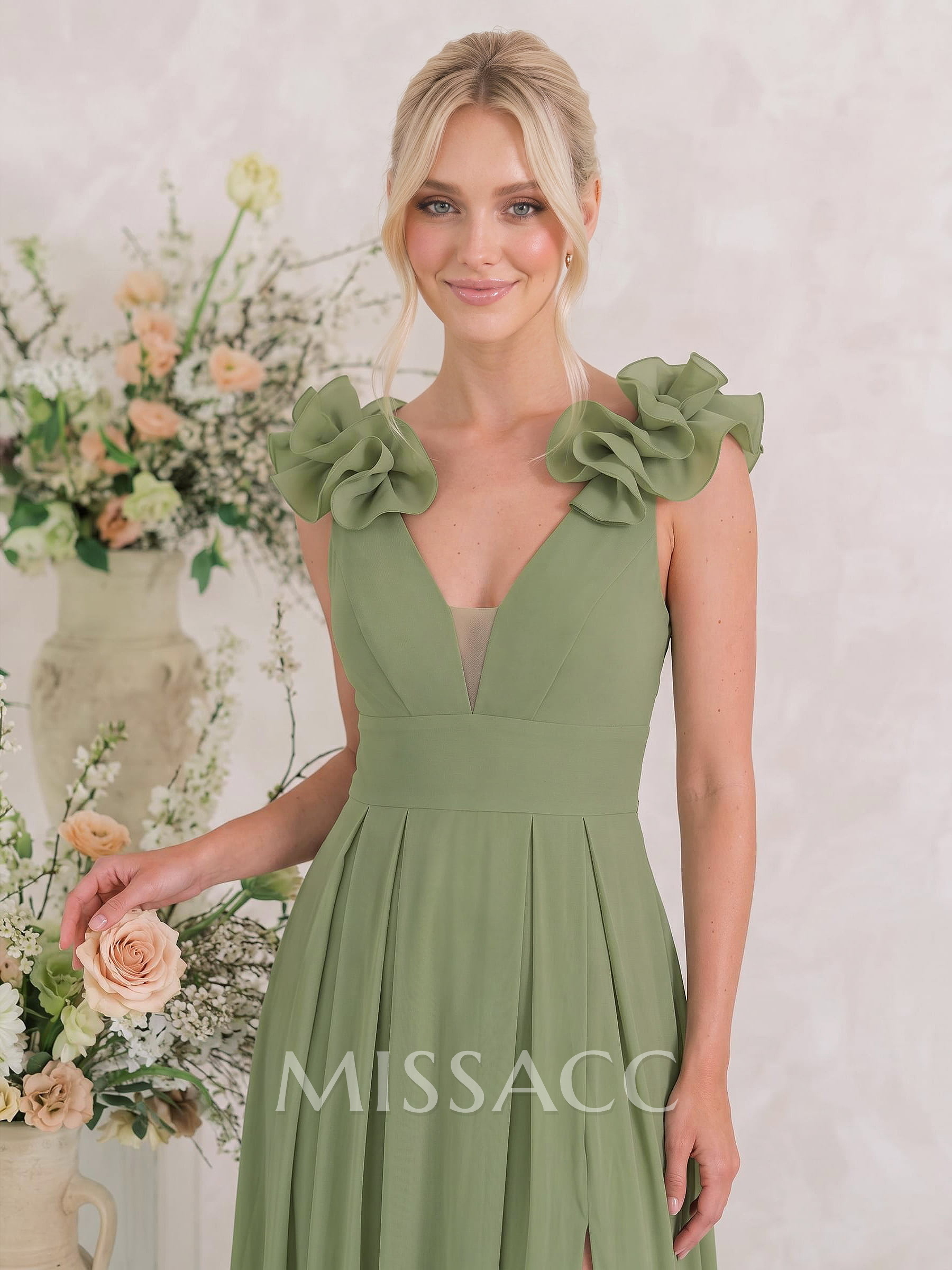 A-Line Plunge Neck Sleeveless Floor-Length Chiffon Bridesmaid Dresses With Flower/High Split