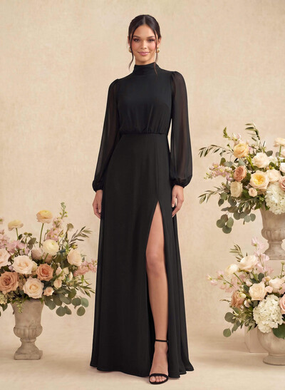 Sheath/Column High Neck Long Sleeves Floor-Length Chiffon Bridesmaid Dresses With Back Hole/High Split