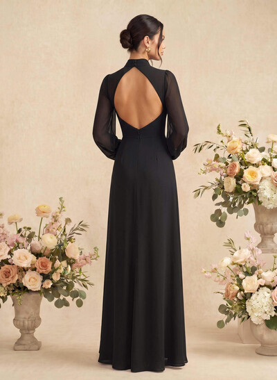 Sheath/Column High Neck Long Sleeves Floor-Length Chiffon Bridesmaid Dresses With Back Hole/High Split