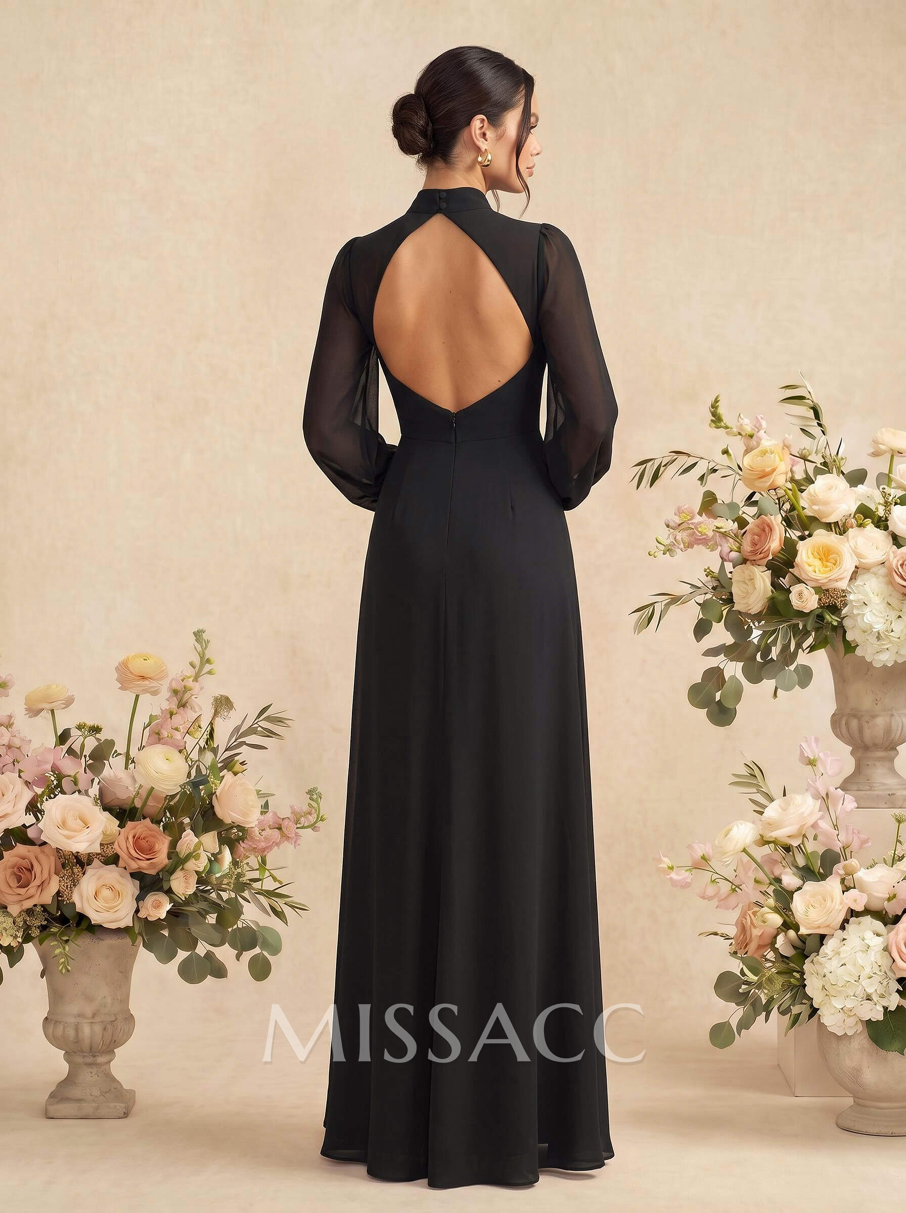 Sheath/Column High Neck Long Sleeves Floor-Length Chiffon Bridesmaid Dresses With Back Hole/High Split
