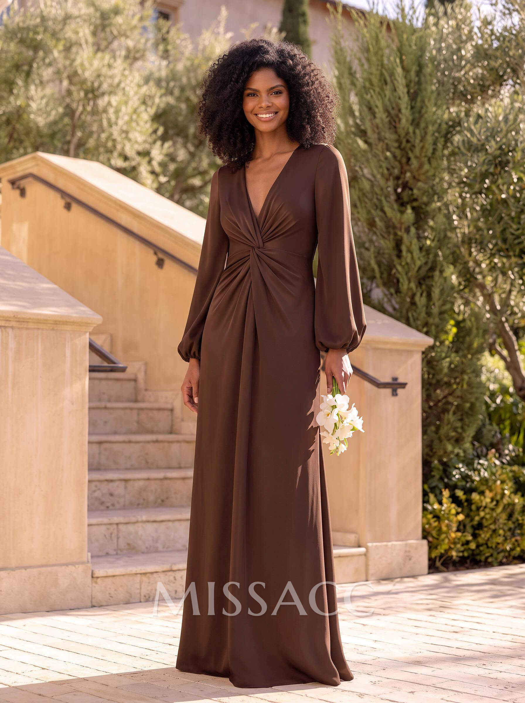 Sheath/Column Plunge Neck Long Sleeves Floor-Length Stretch Satin Bridesmaid Dresses With Pleated
