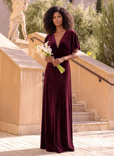 A-Line Plunge Neck Short Sleeves Floor-Length Velvet Bridesmaid Dresses