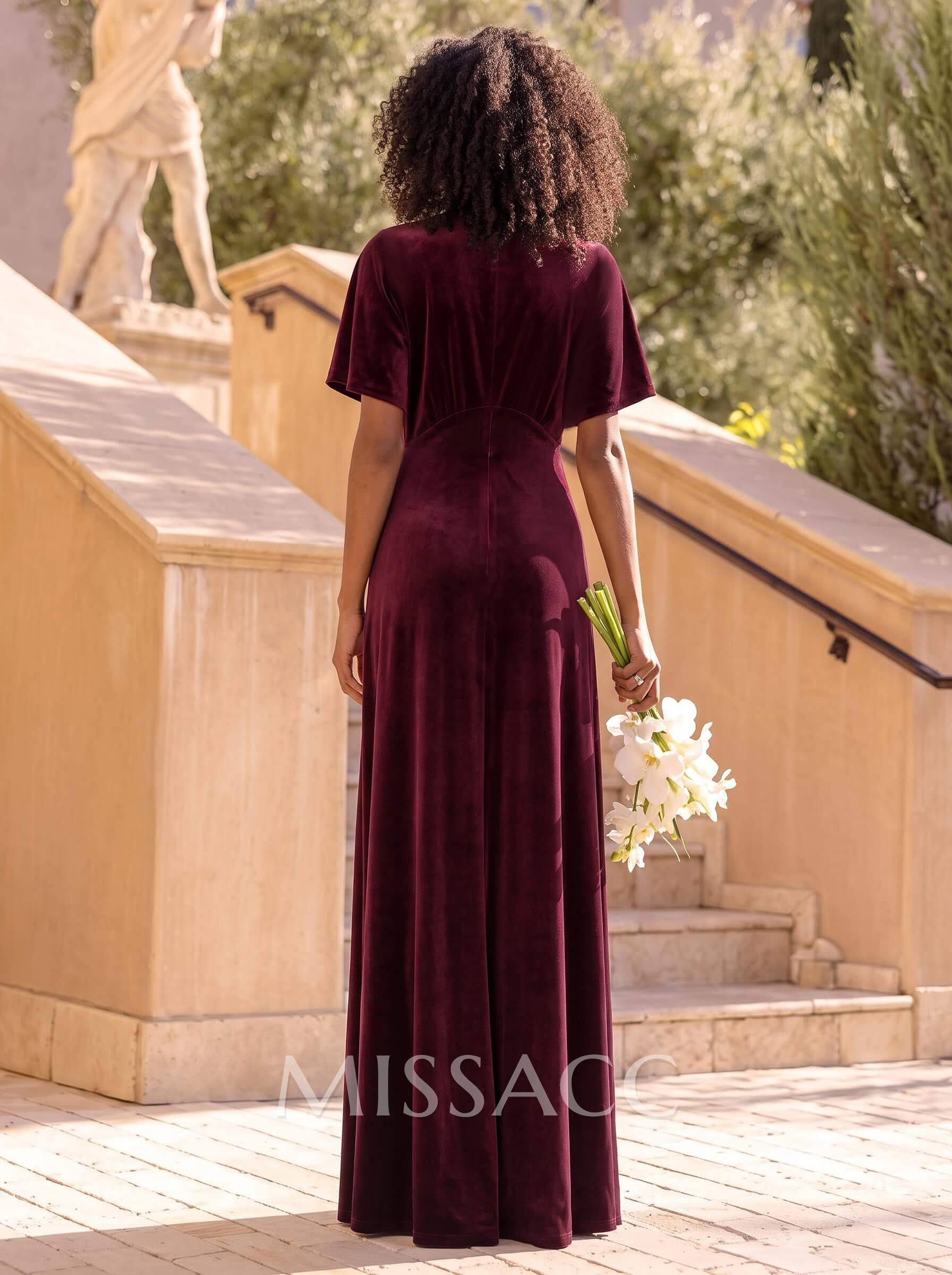 A-Line Plunge Neck Short Sleeves Floor-Length Velvet Bridesmaid Dresses