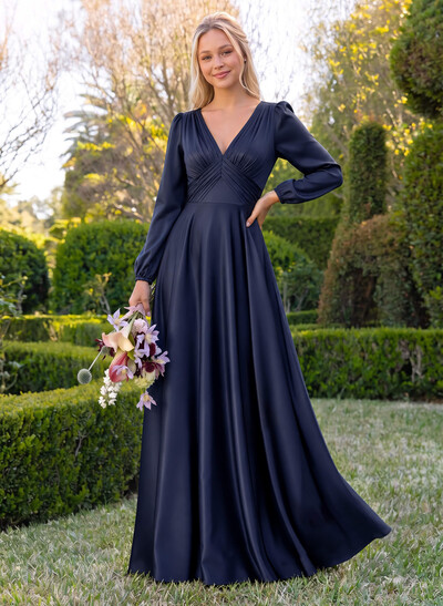 A-Line V-Neck Long Sleeves Floor-Length Charmeuse Bridesmaid Dresses With Pleated