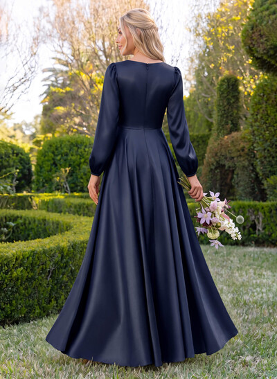 A-Line V-Neck Long Sleeves Floor-Length Charmeuse Bridesmaid Dresses With Pleated