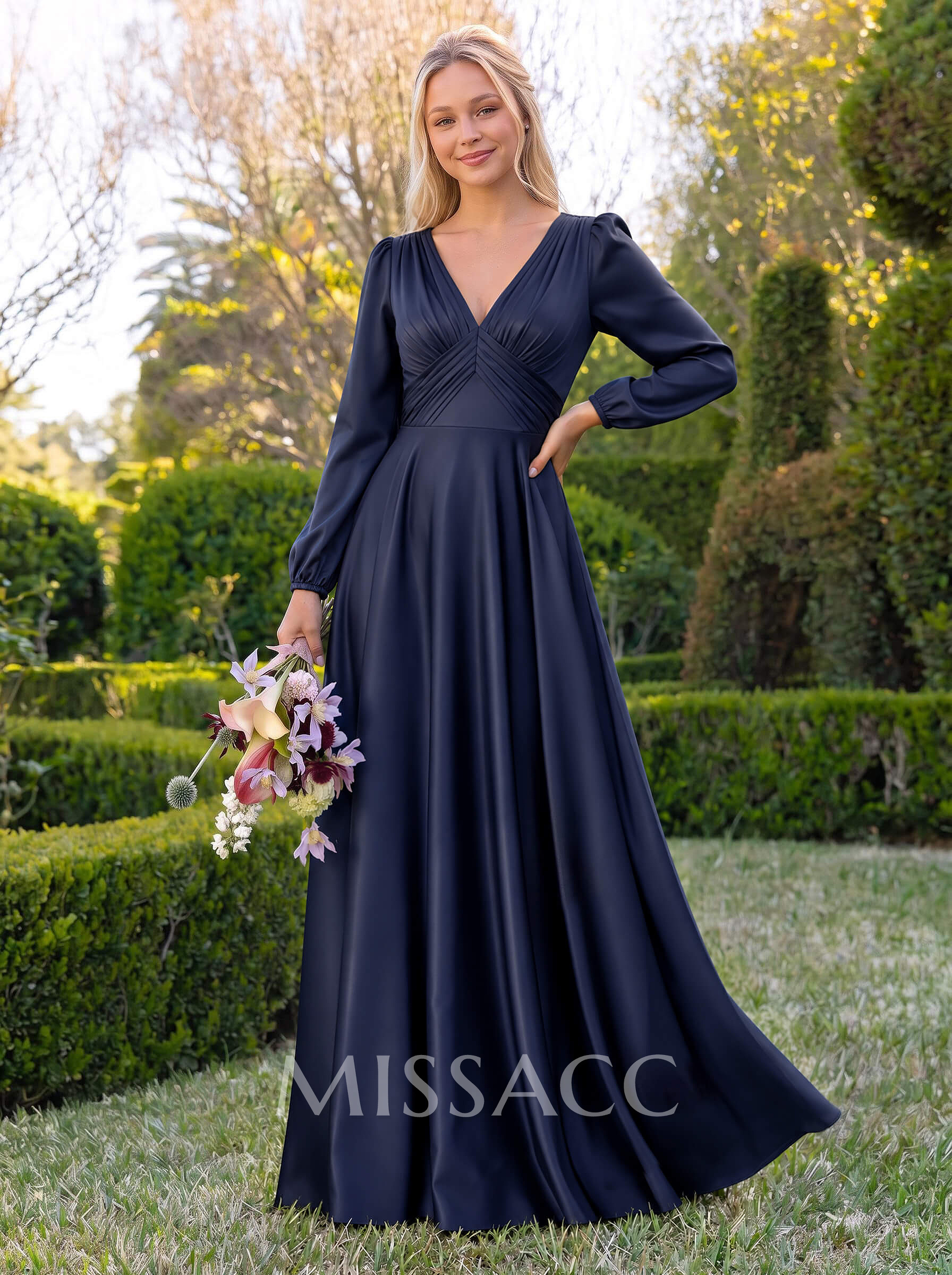 A-Line V-Neck Long Sleeves Floor-Length Charmeuse Bridesmaid Dresses With Pleated