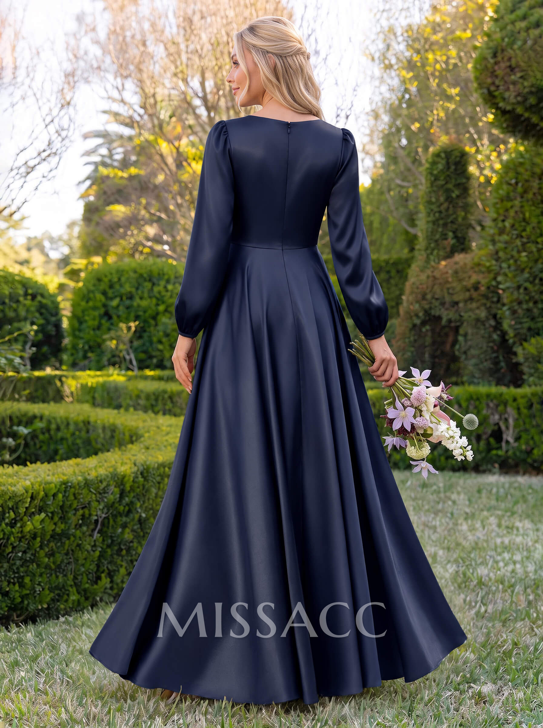 A-Line V-Neck Long Sleeves Floor-Length Charmeuse Bridesmaid Dresses With Pleated