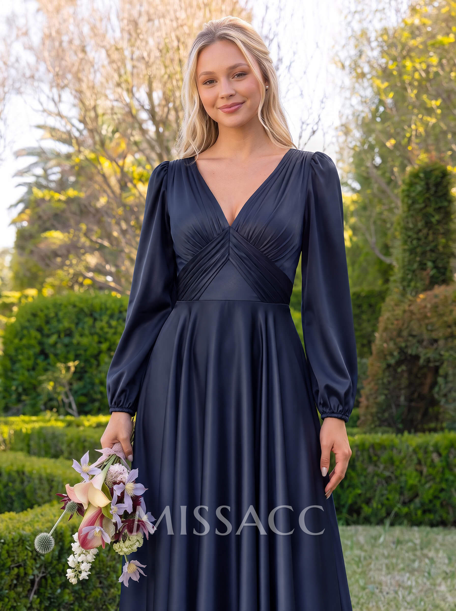A-Line V-Neck Long Sleeves Floor-Length Charmeuse Bridesmaid Dresses With Pleated