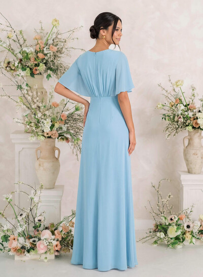 Trumpet/Mermaid V-Neck Cape Sleeves Floor-Length Chiffon Bridesmaid Dresses With Pleated