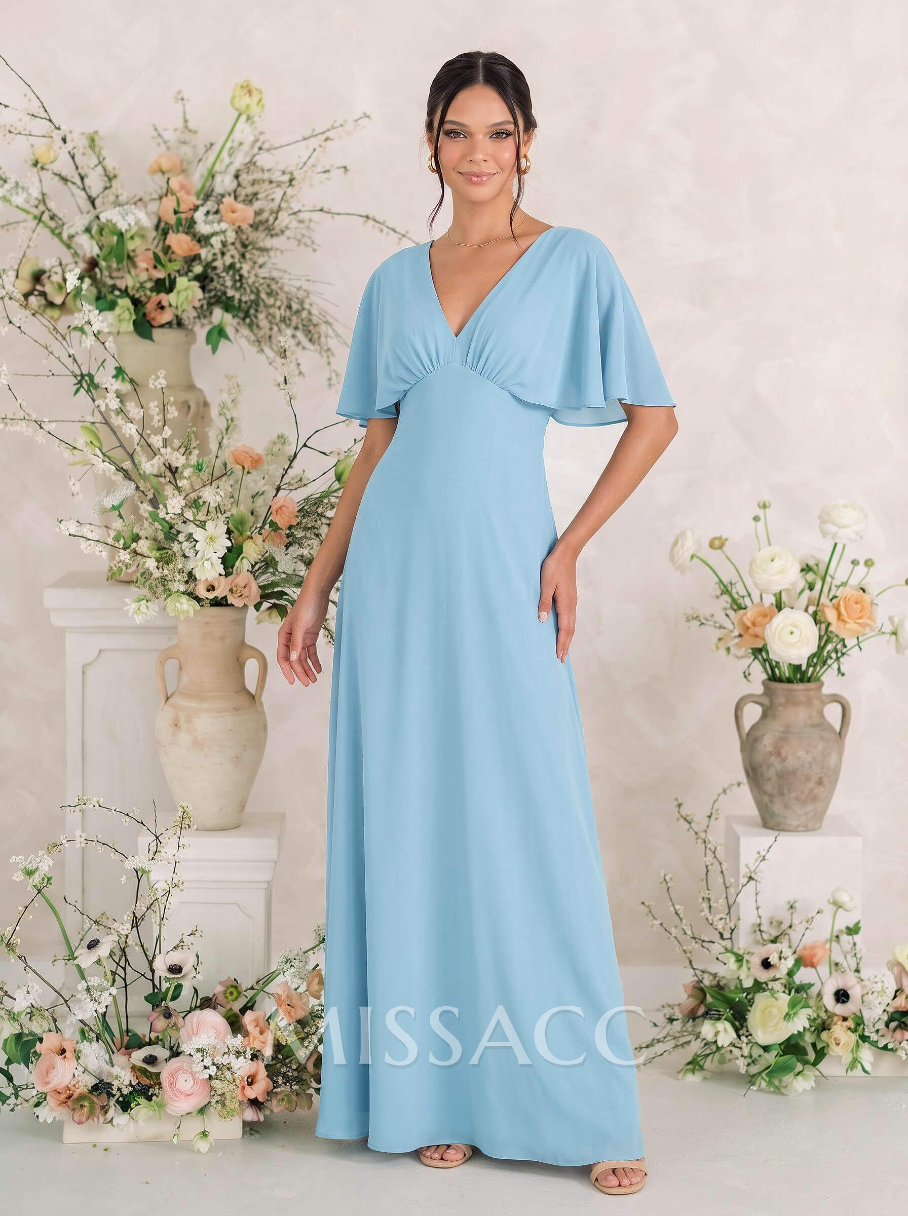 Trumpet/Mermaid V-Neck Cape Sleeves Floor-Length Chiffon Bridesmaid Dresses With Pleated