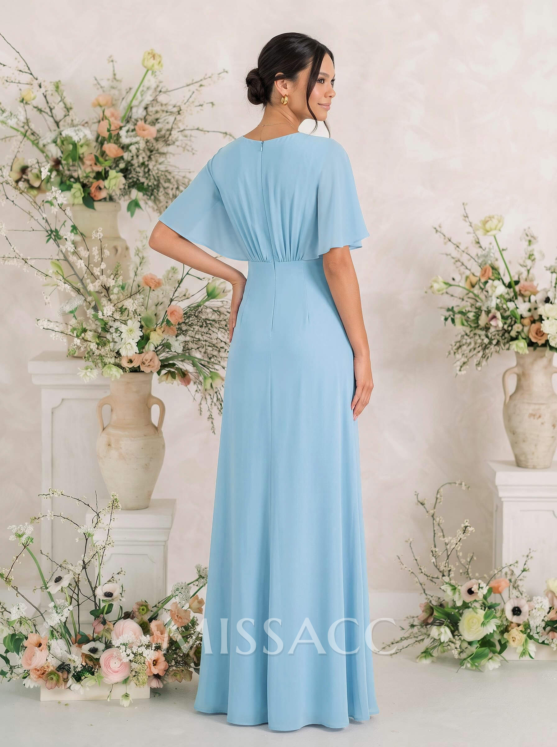 Trumpet/Mermaid V-Neck Cape Sleeves Floor-Length Chiffon Bridesmaid Dresses With Pleated