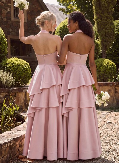 A-Line Halter Sleeveless Floor-Length Satin Bridesmaid Dresses With Cascading Ruffles
