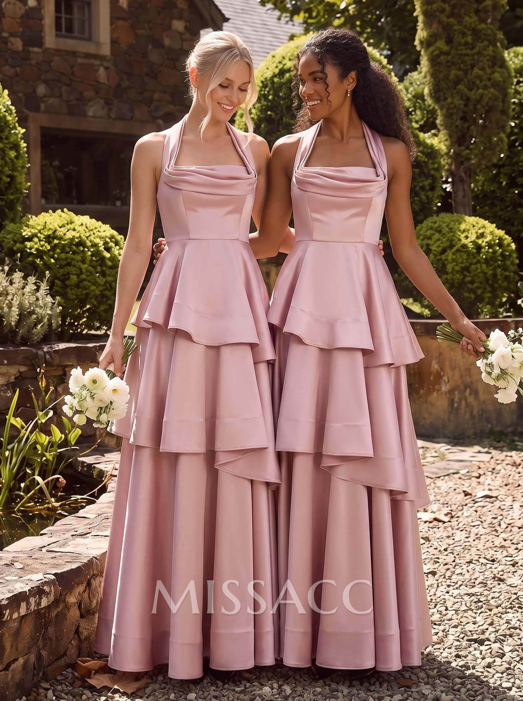 A-Line Halter Sleeveless Floor-Length Satin Bridesmaid Dresses With Cascading Ruffles