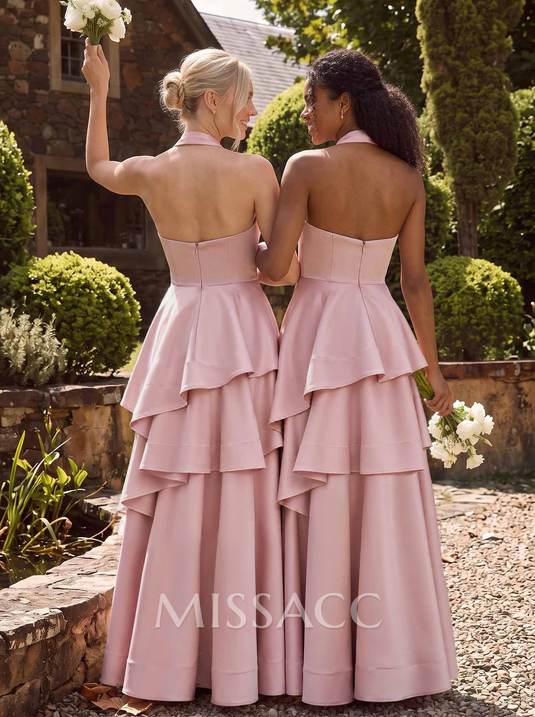 A-Line Halter Sleeveless Floor-Length Satin Bridesmaid Dresses With Cascading Ruffles