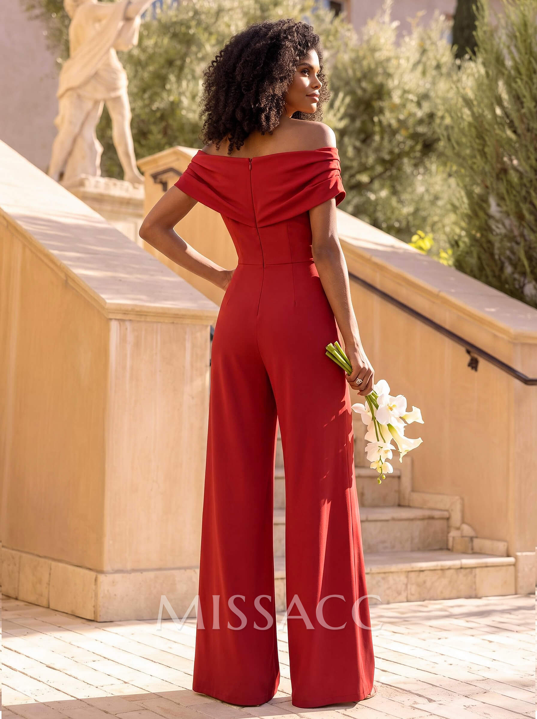 Jumpsuit/Pantsuit Off-The-Shoulder Short Sleeves Floor-Length Elastic Satin Bridesmaid Dresses
