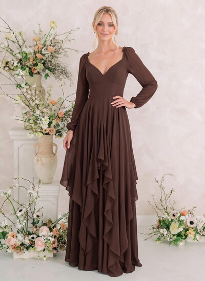 A-Line Sweetheart Long Sleeves Floor-Length Chiffon Bridesmaid Dresses With Cascading Ruffles