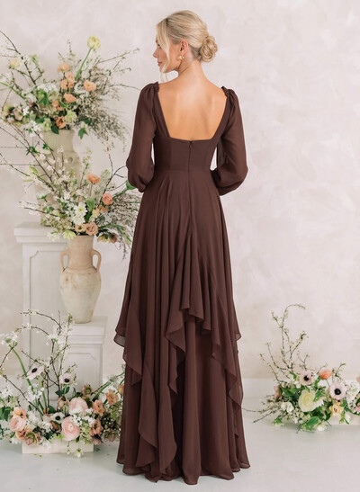 A-Line Sweetheart Long Sleeves Floor-Length Chiffon Bridesmaid Dresses With Cascading Ruffles
