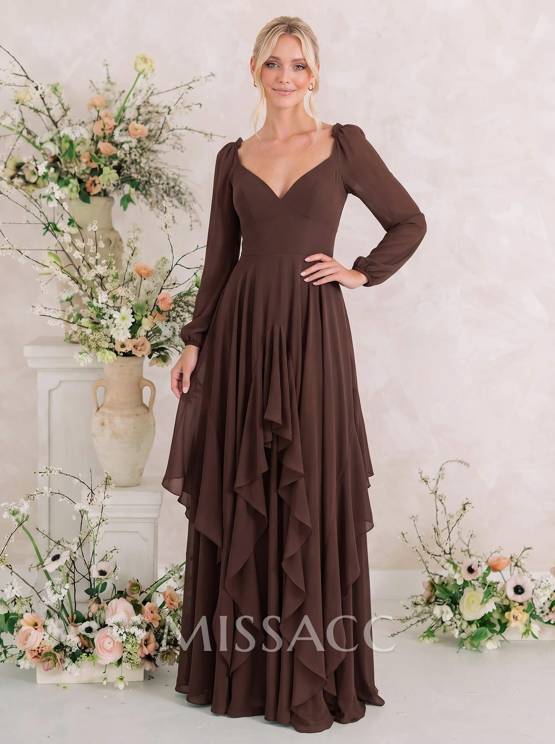 A-Line Sweetheart Long Sleeves Floor-Length Chiffon Bridesmaid Dresses With Cascading Ruffles