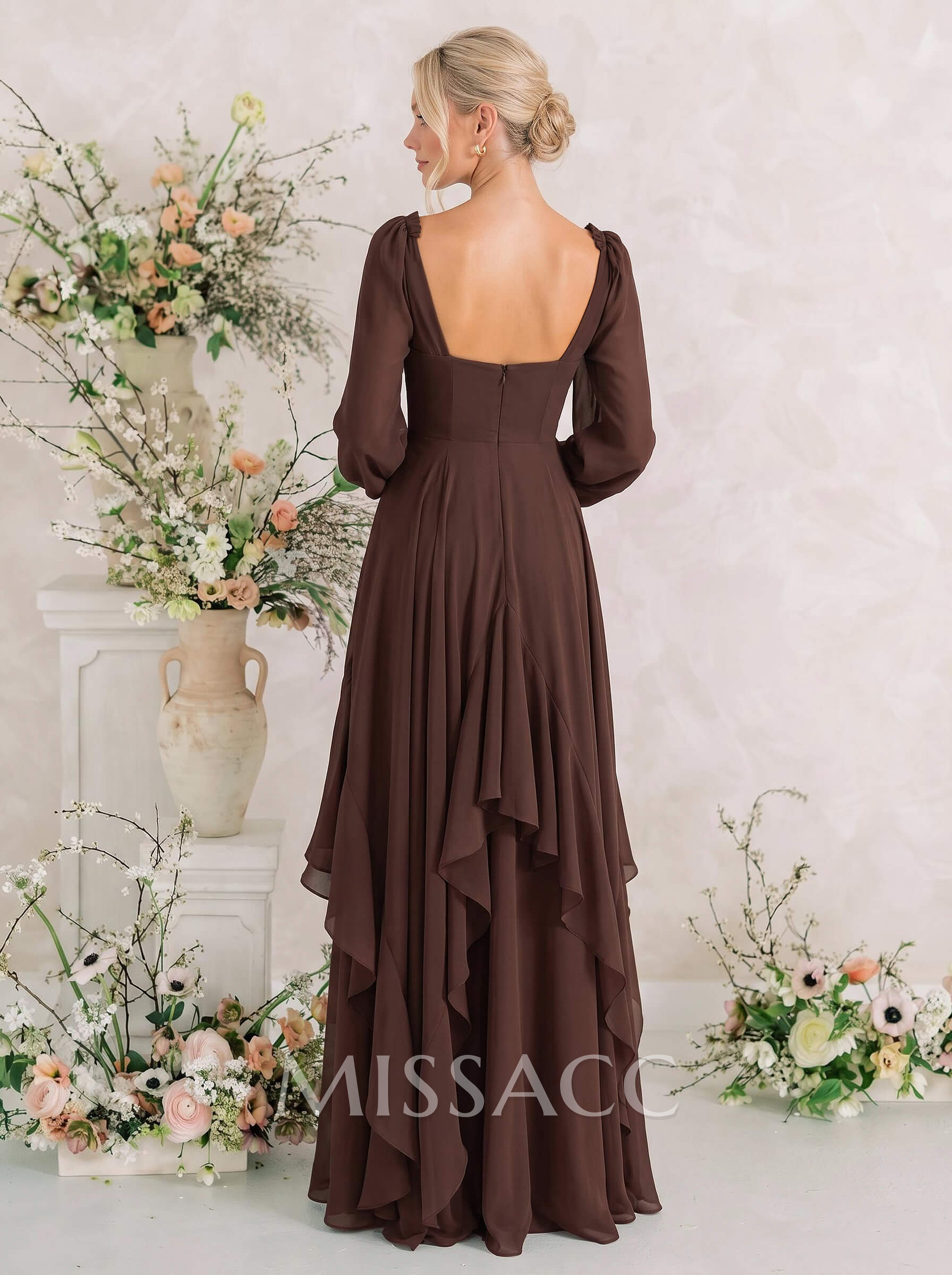 A-Line Sweetheart Long Sleeves Floor-Length Chiffon Bridesmaid Dresses With Cascading Ruffles