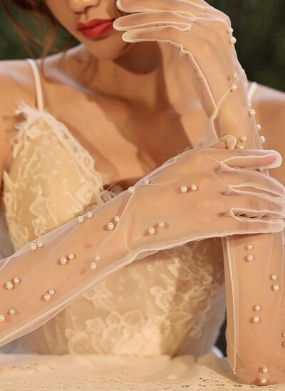 Fingertips Opera Length Tulle Bridal Gloves With Pearl