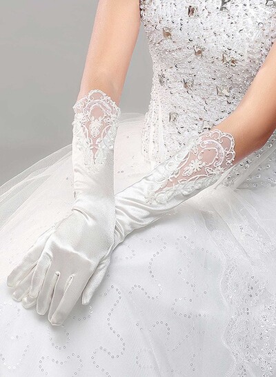 Fingertips Elbow Length Satin Bridal Gloves With Lace