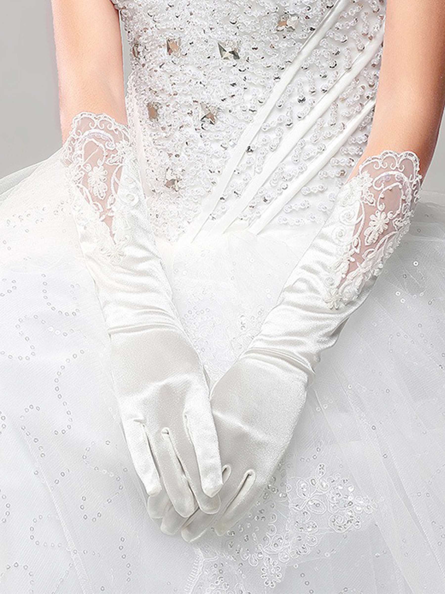 Fingertips Elbow Length Satin Bridal Gloves With Lace