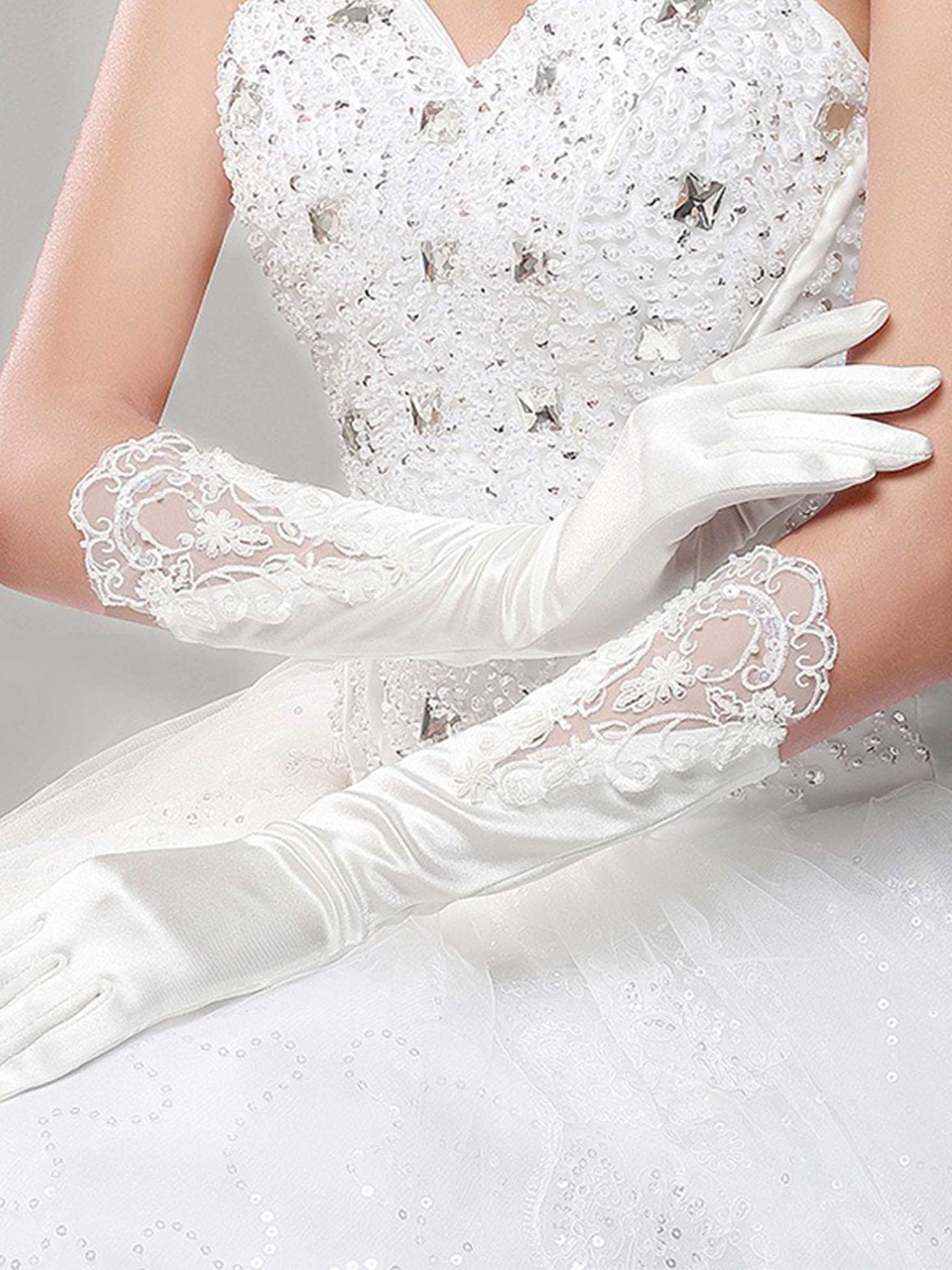 Fingertips Elbow Length Satin Bridal Gloves With Lace