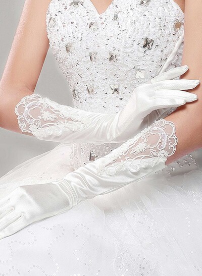 Fingertips Elbow Length Satin Bridal Gloves With Lace