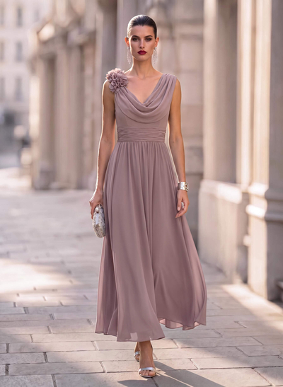 A-Line Illusion Neck Sleeveless Ankle-Length Chiffon Cocktail Dresses With Pleated/Flower