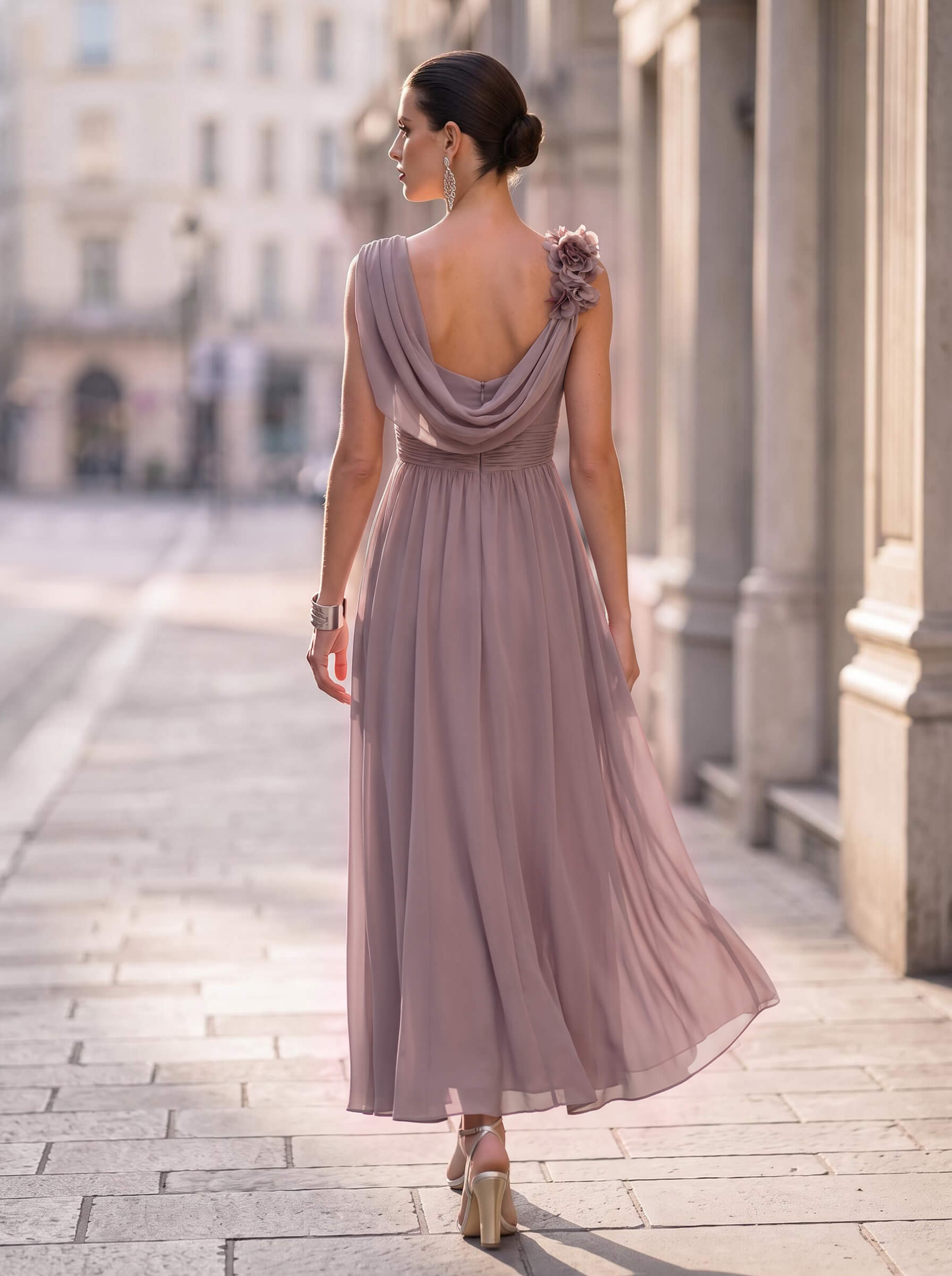 A-Line Illusion Neck Sleeveless Ankle-Length Chiffon Cocktail Dresses With Pleated/Flower