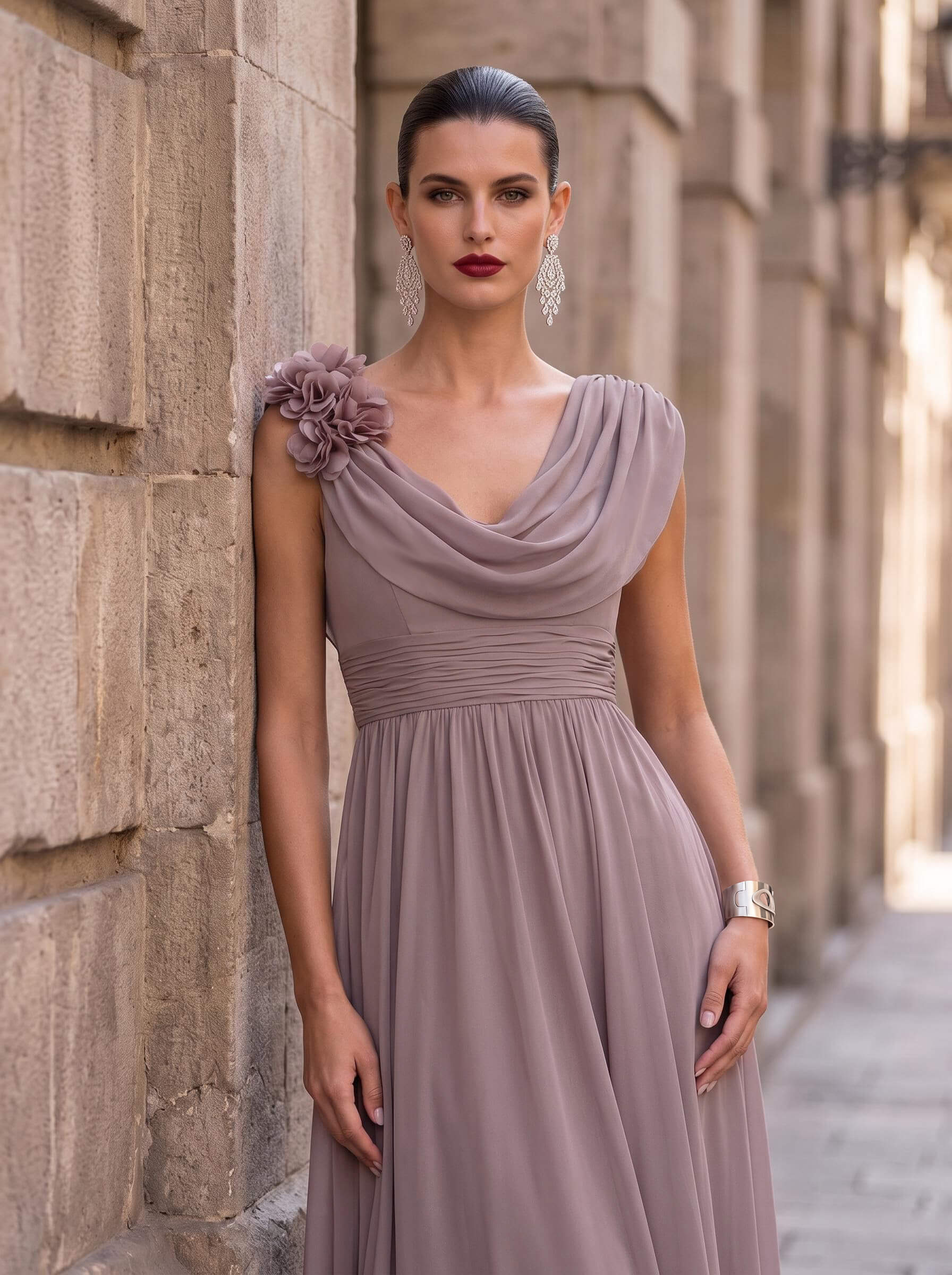 A-Line Illusion Neck Sleeveless Ankle-Length Chiffon Cocktail Dresses With Pleated/Flower