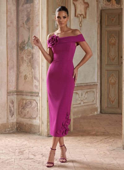 A-Line Off-The-Shoulder Sleeveless Tea-Length Elastic Satin Cocktail Dresses With Flower/Back Slit