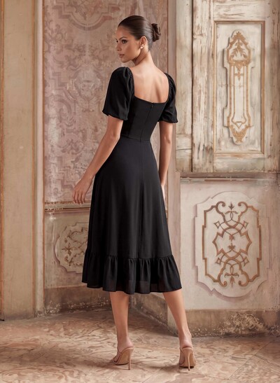 A-Line Square Neck Short Sleeve Tea-Length Chiffon Cocktail Dresses With Front Split