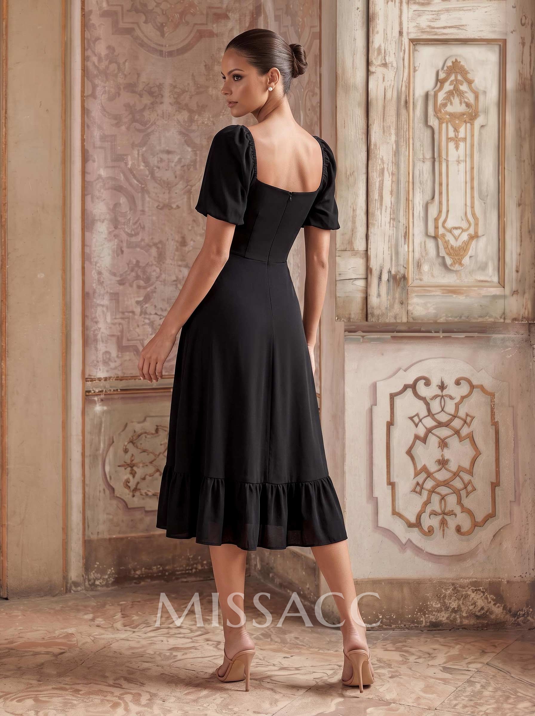 A-Line Square Neck Short Sleeve Tea-Length Chiffon Cocktail Dresses With Front Split