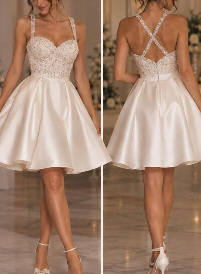 Ball-Gown Sweetheart Sleeveless Short/Mini Satin Cocktail Dresses With Sequins