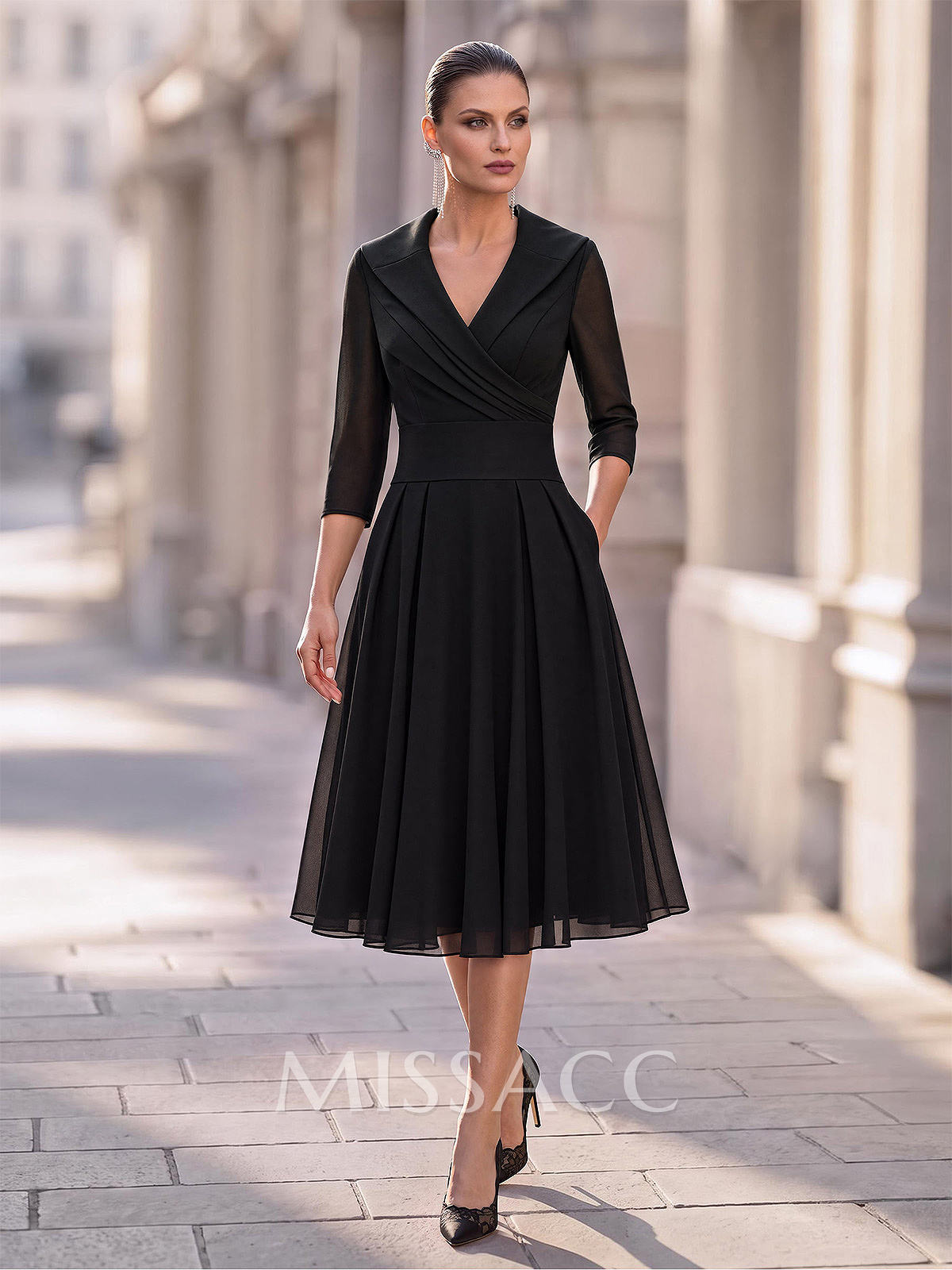 A-Line V-Neck 3/4 Sleeves Tea-Length Chiffon Cocktail Dresses With Pleated