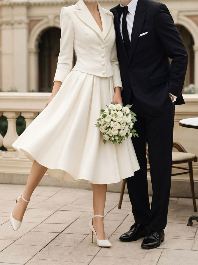 Two Piece V-Neck 3/4 Sleeves Tea-Length Elastic Satin Cocktail Dresses With Pleated