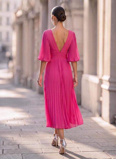 A-Line V-Neck 1/2 Sleeves Tea-Length Cocktail Dresses With Pleated