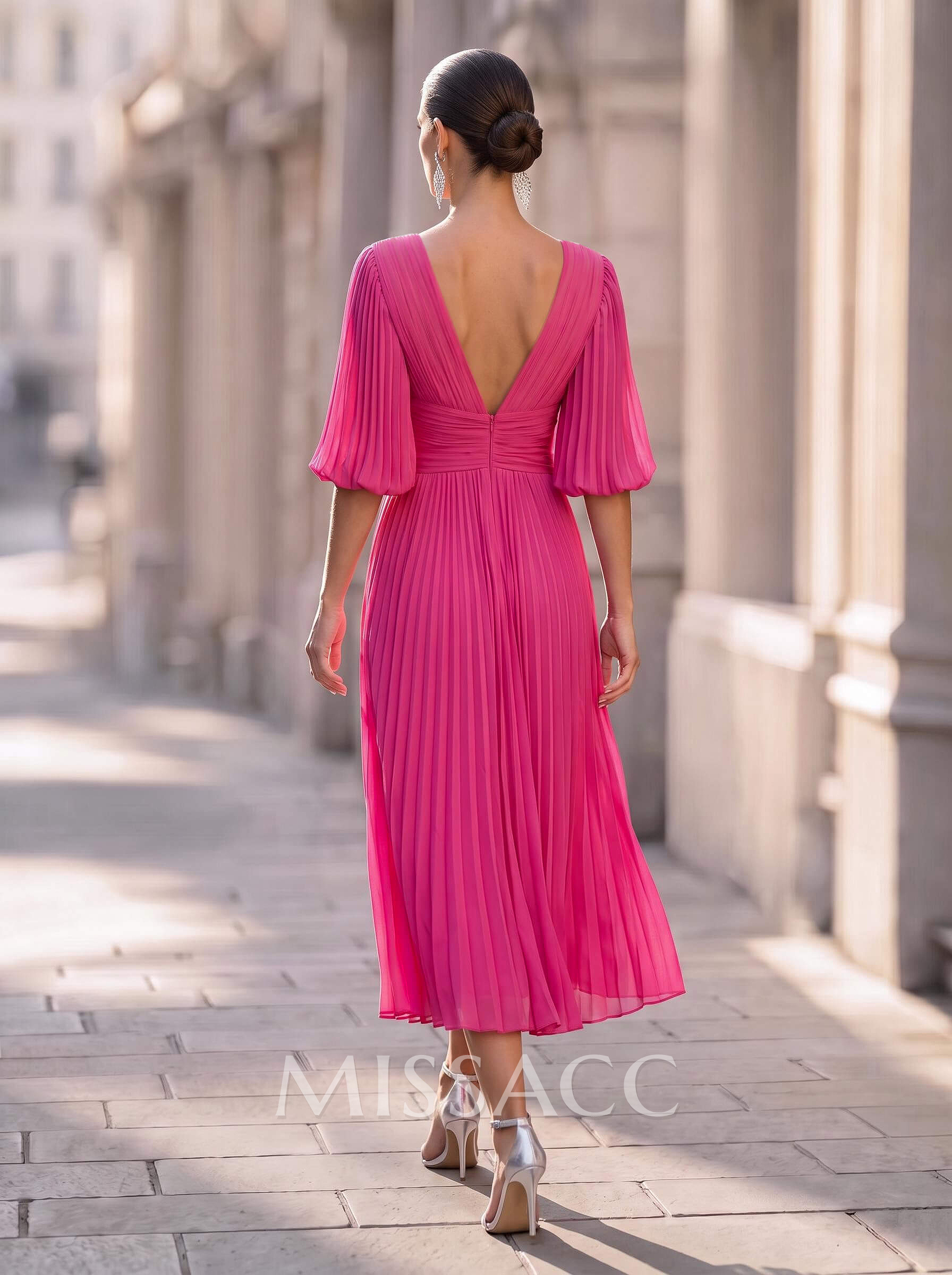 A-Line V-Neck 1/2 Sleeves Tea-Length Cocktail Dresses With Pleated