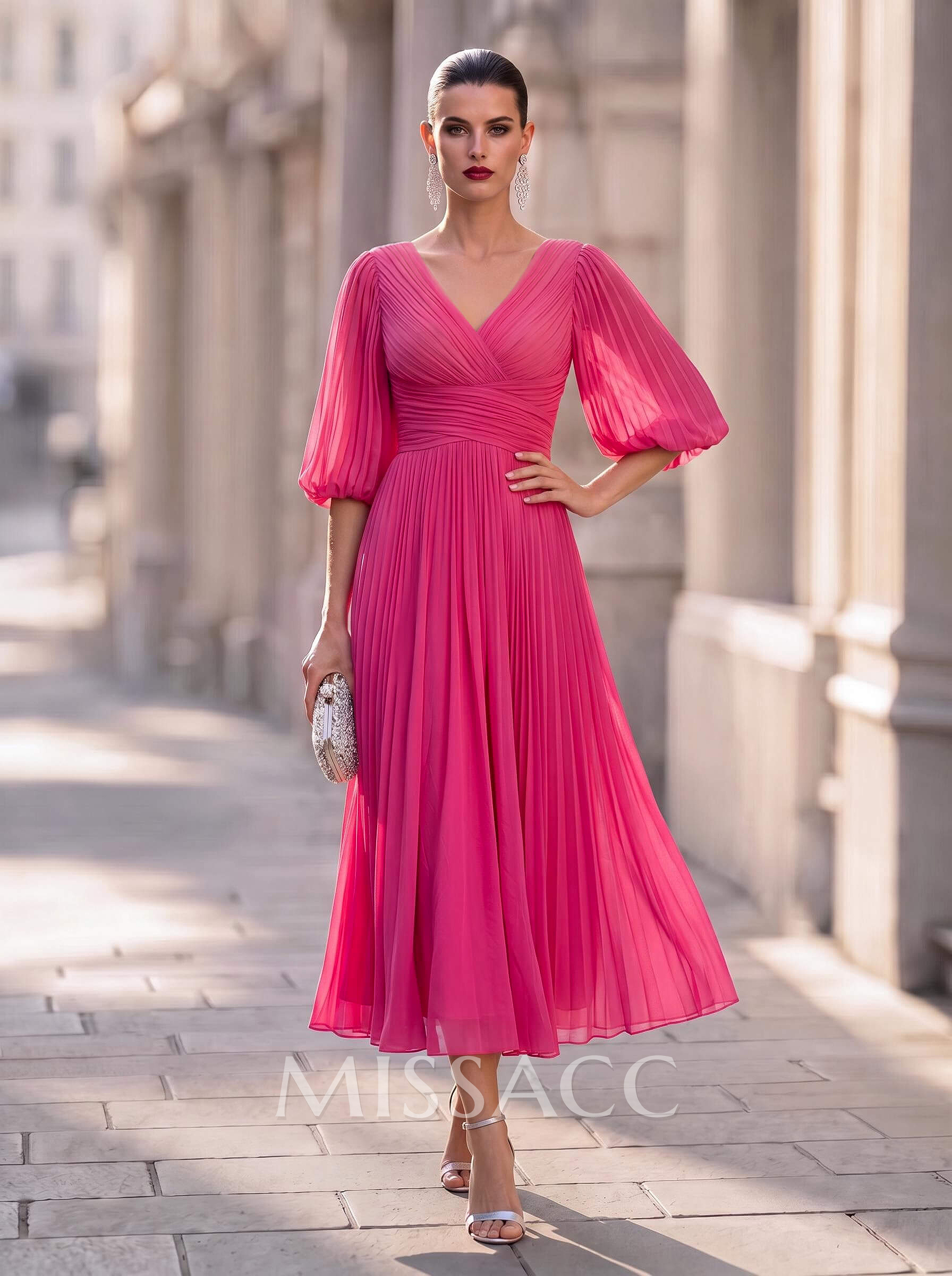 A-Line V-Neck 1/2 Sleeves Tea-Length Cocktail Dresses With Pleated