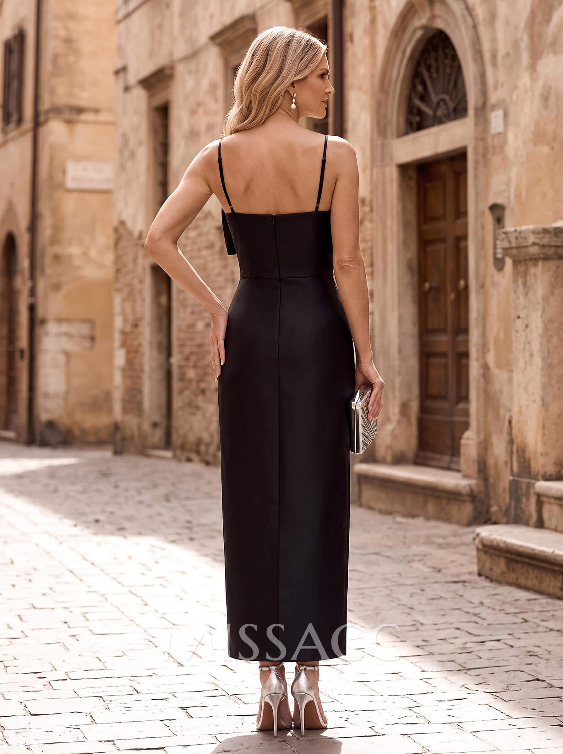 Sheath/Column Sweetheart Sleeveless Ankle-Length Twill Satin Cocktail Dresses With Split Front/Bow