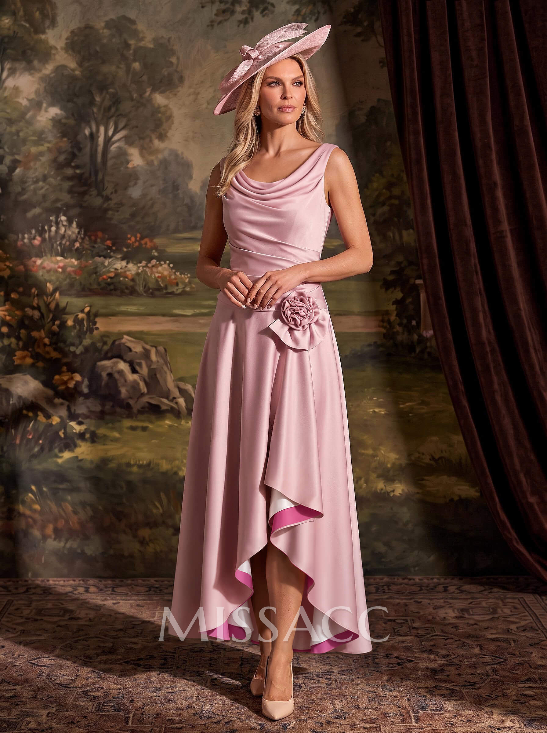 A-Line Scoop Neck Sleeveless Maxi Matte Satin Cocktail Dress With Front Split And Floral Detail