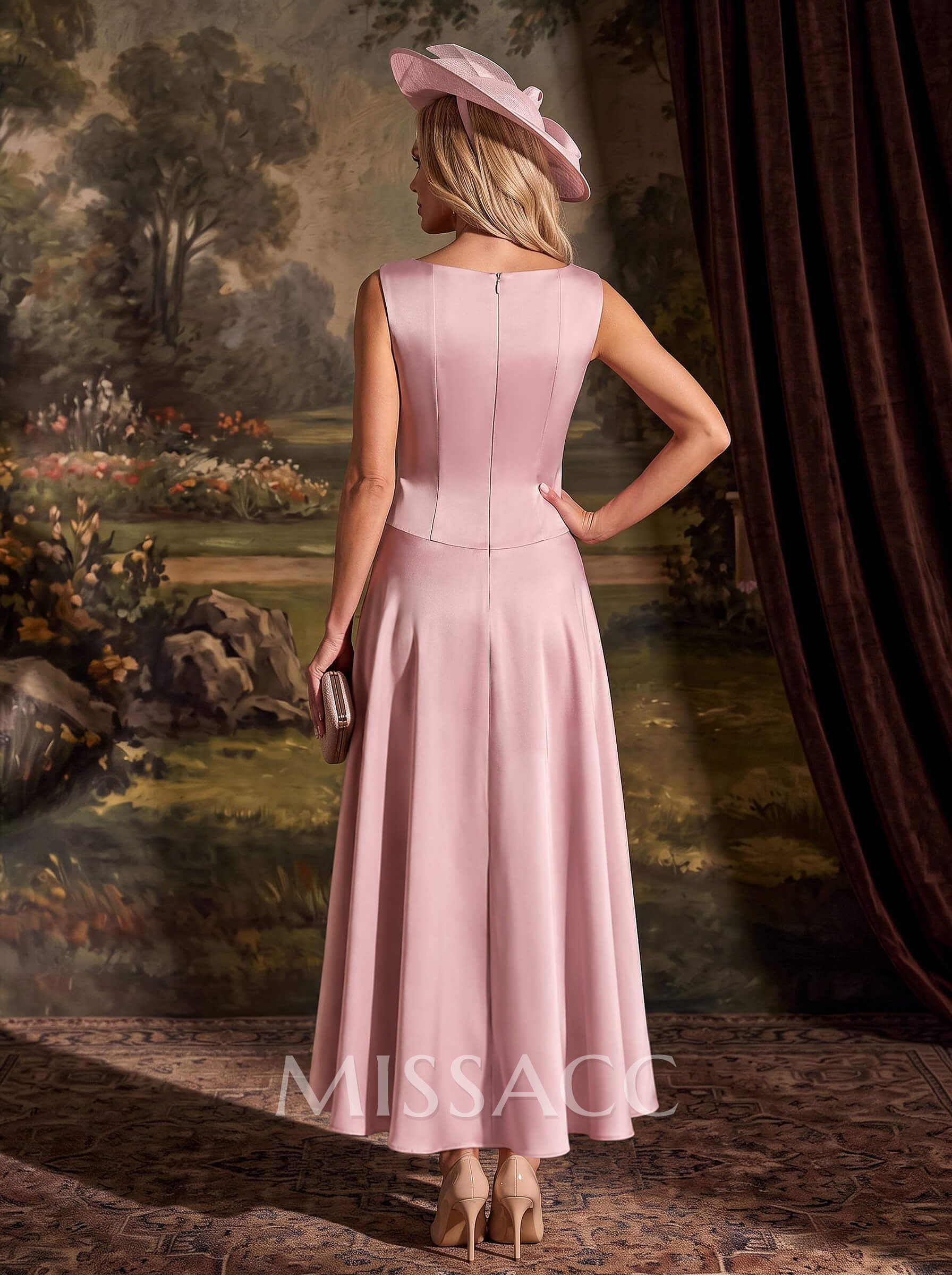 A-Line Scoop Neck Sleeveless Maxi Matte Satin Cocktail Dress With Front Split And Floral Detail
