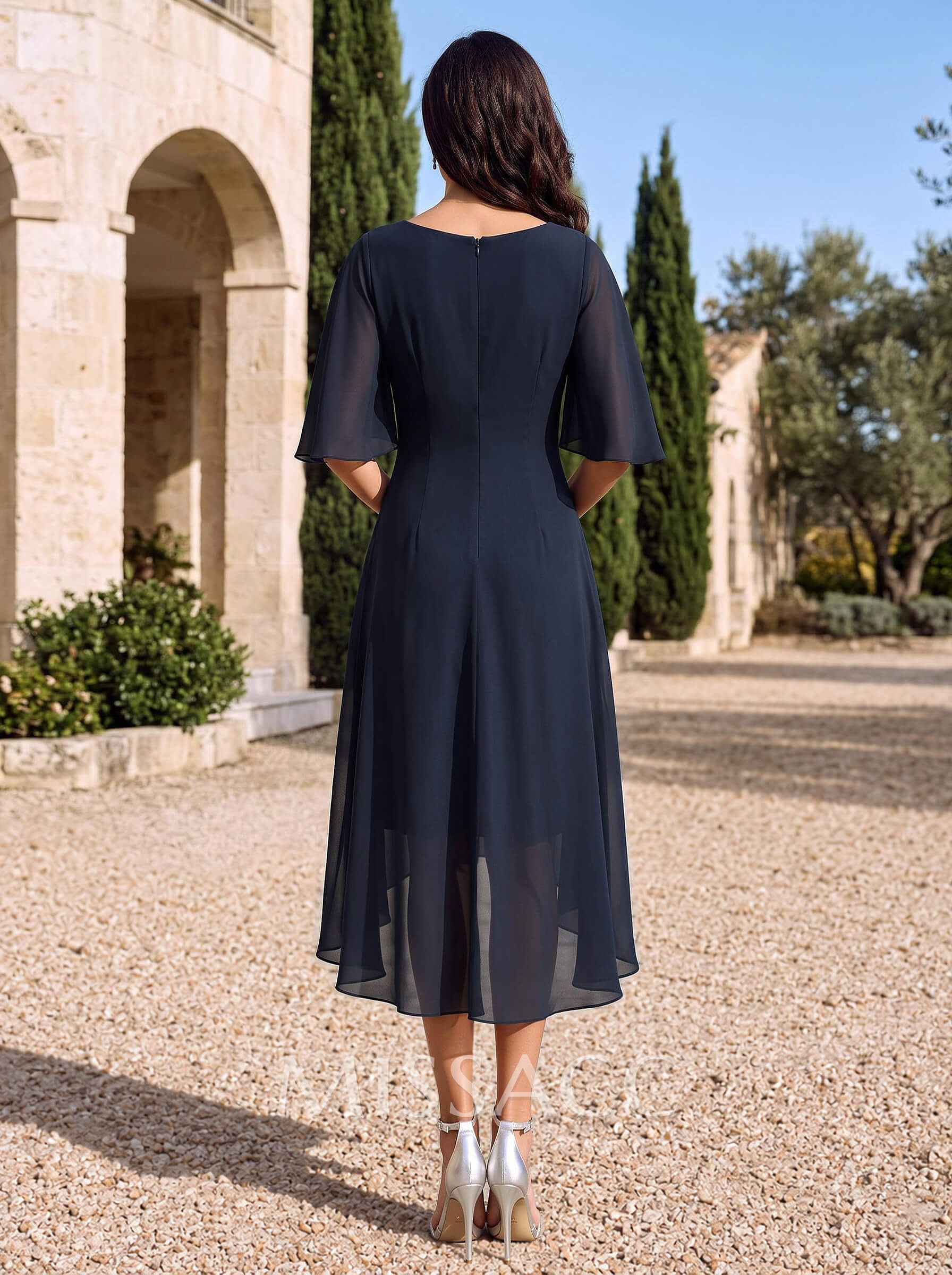 A-Line Scoop Neck Cape Sleeve Asymmetric Chiffon Cocktail Dress With Pleats