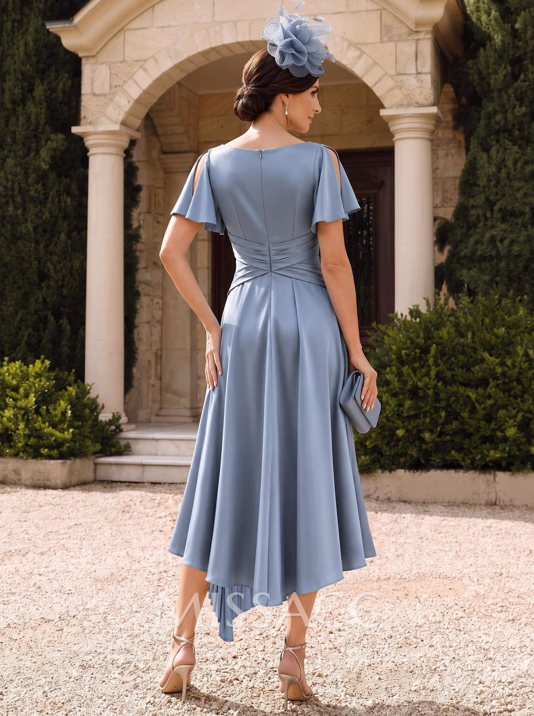 A-Line Scoop Neck Cape Sleeves Asymmetrical Stretch Satin Cocktail Dresses With Pleated/Flower
