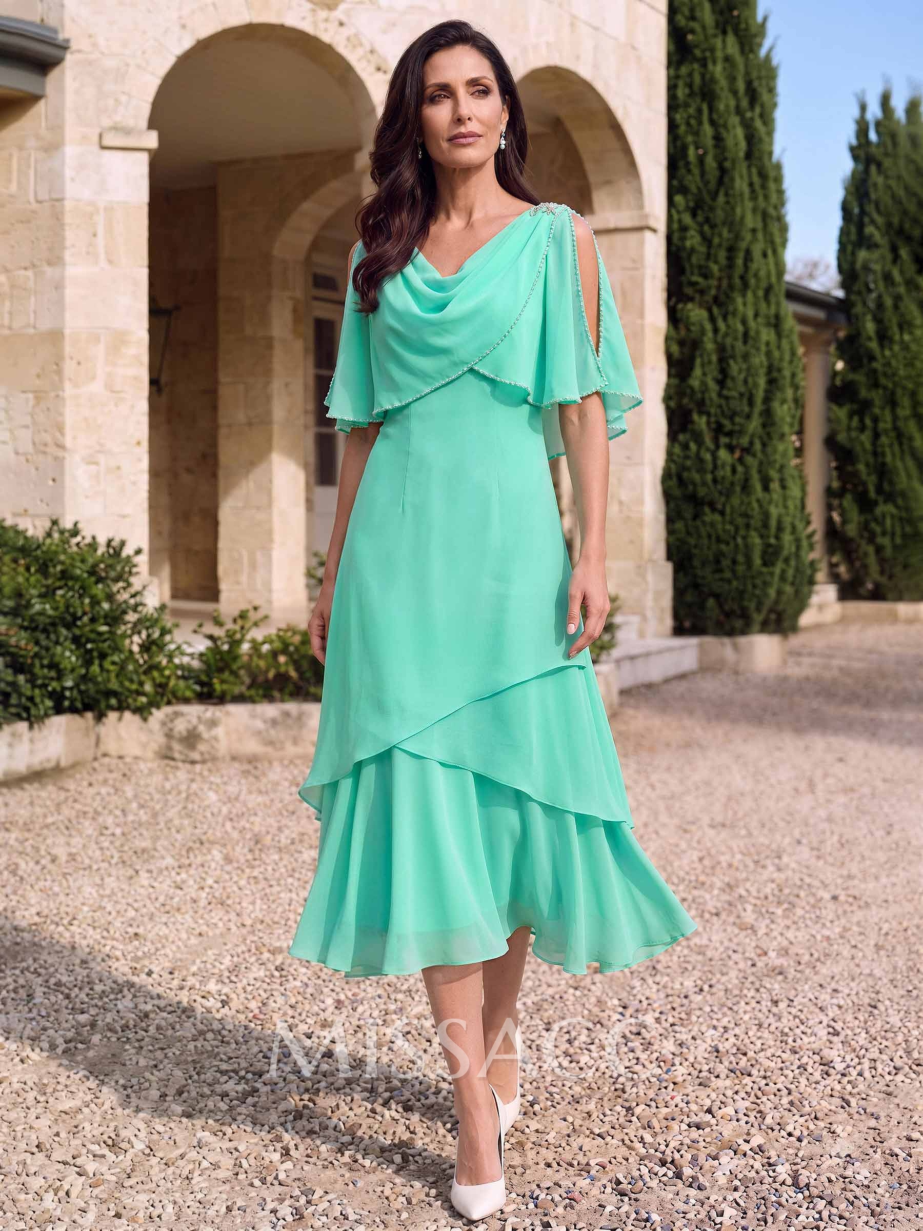 A-Line Scoop Neck Cape Sleeve Tea-Length Chiffon Cocktail Dress With Pleats