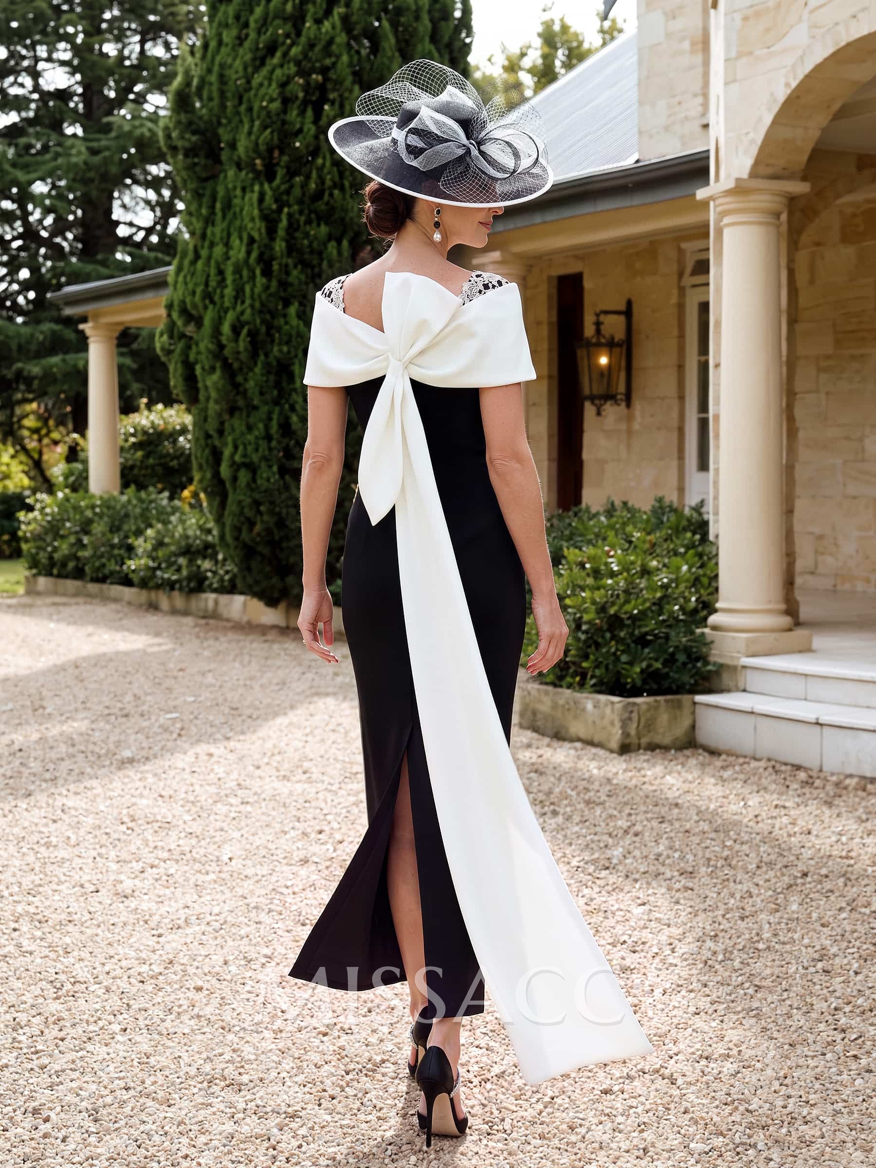 Fitted Column Square Neck Stretch Satin Ankle-Length Cocktail Dress With Cape Sleeves, Bow And Lace Appliqués