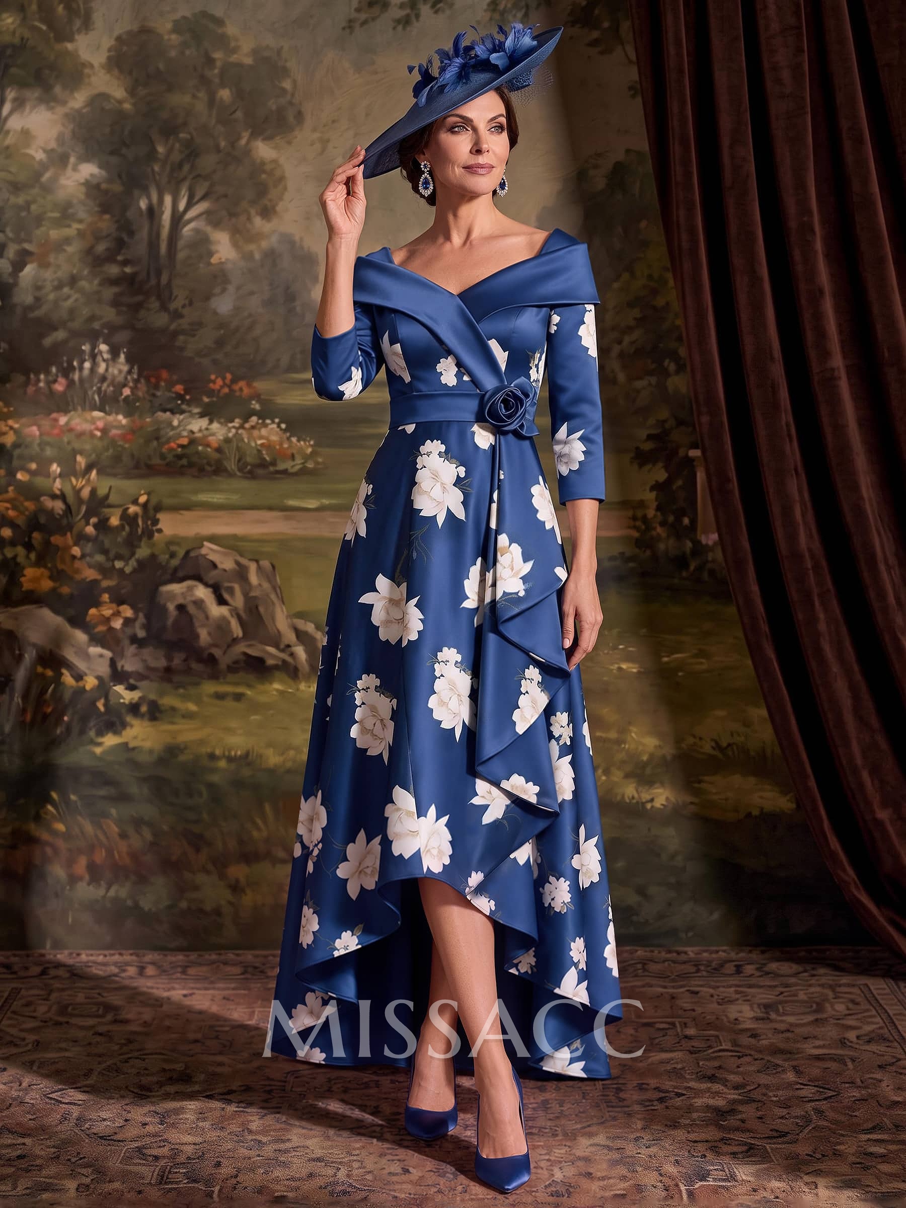 A-Line V-Neck 3/4 Sleeve Asymmetric Satin Cocktail Dress With Floral Print