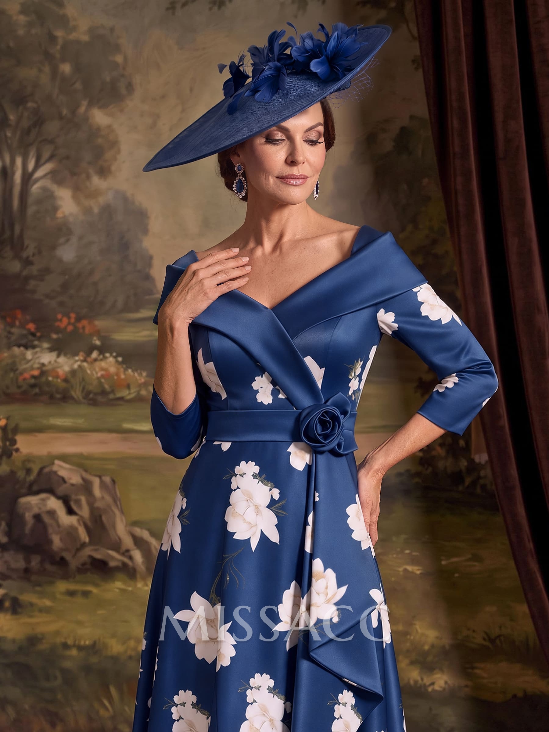 A-Line V-Neck 3/4 Sleeve Asymmetric Satin Cocktail Dress With Floral Print