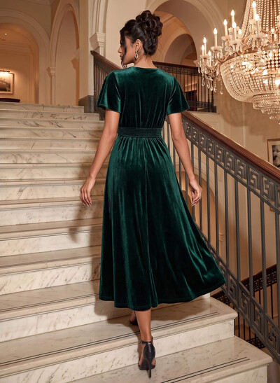 A-Line V-Neck Short Sleeves Tea-Length Velvet Cocktail Dresses With Pleated